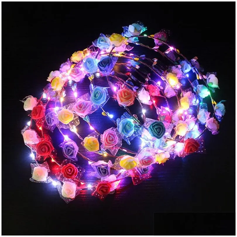 Led Poms, Cheer Items Led Light Up Flowers Crown Flashing Garlands Head Band Clasps Floral Hoop Fairy Hairband Headwears Wedding Xmas Dhny5