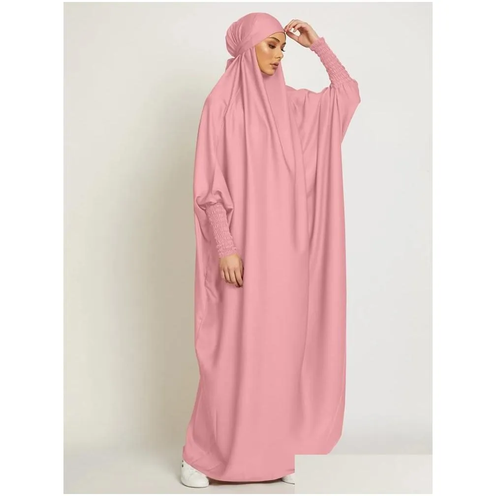 Ethnic Clothing Muslim Women Jilbab One-Piece Prayer Dress Hooded Abaya Smocking Sleeve Islamic Dubai S Black Robe Turkish Modesty Dr Dht61