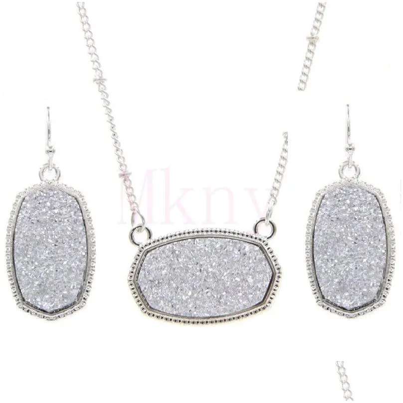 Earrings & Necklace Oval Style Resin Drusy Druzy Sier Necklace Earings Luxury Designer Jewelry Set For Women Wedding Party Gift Chris Dhomp