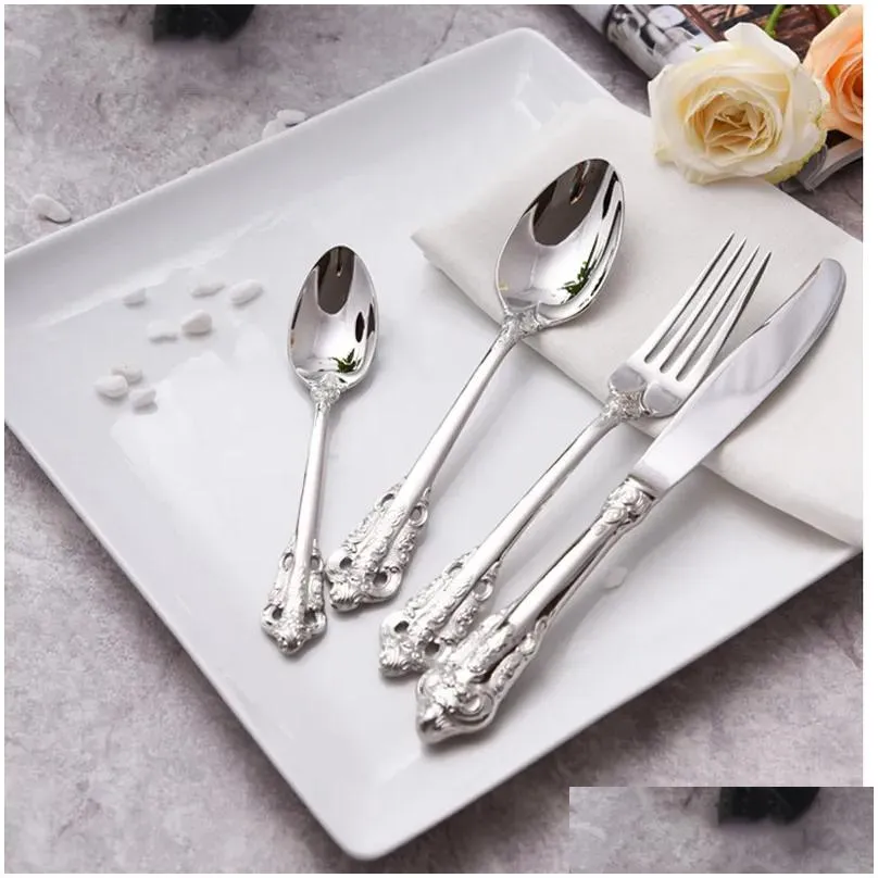 Dinnerware Sets Vintage Western Cutlery 24Pcs Dining Knives Forks Teaspoons Set Stainless Steel Luxury Dinnerware Engraving Tableware Dhbhi