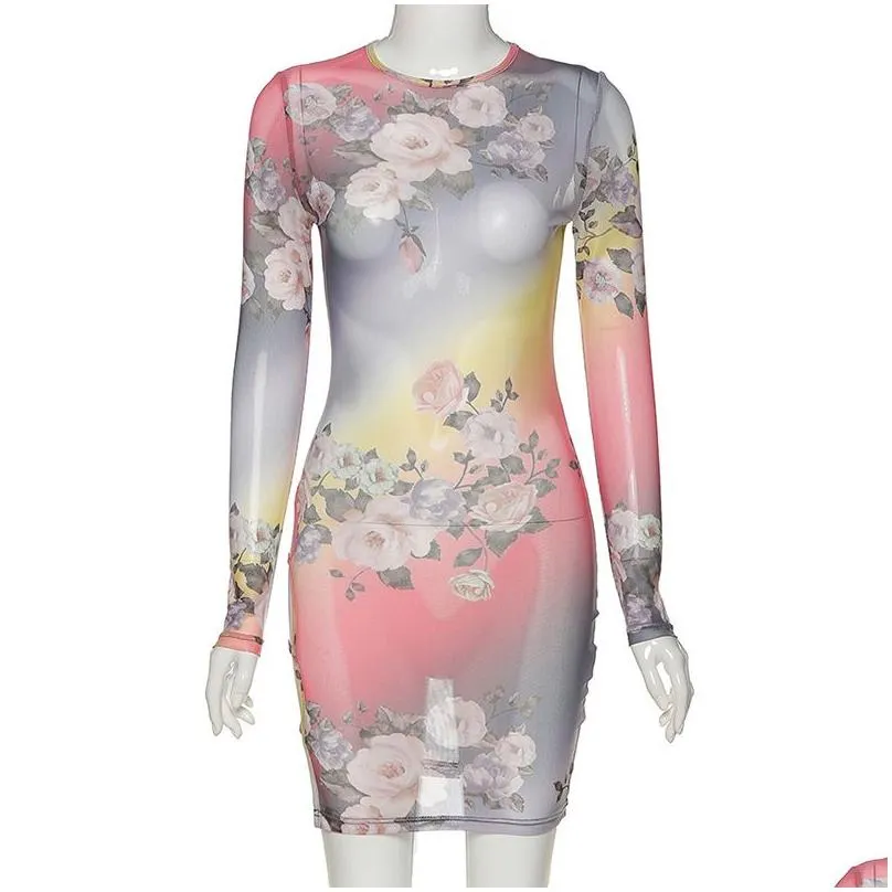 Basic & Casual Dresses Women Long Sleeve Party Clubwear Dresses Fashion Summer Vintage Floral Print Bodycon Y See Through Mesh Mini D Dhtkq