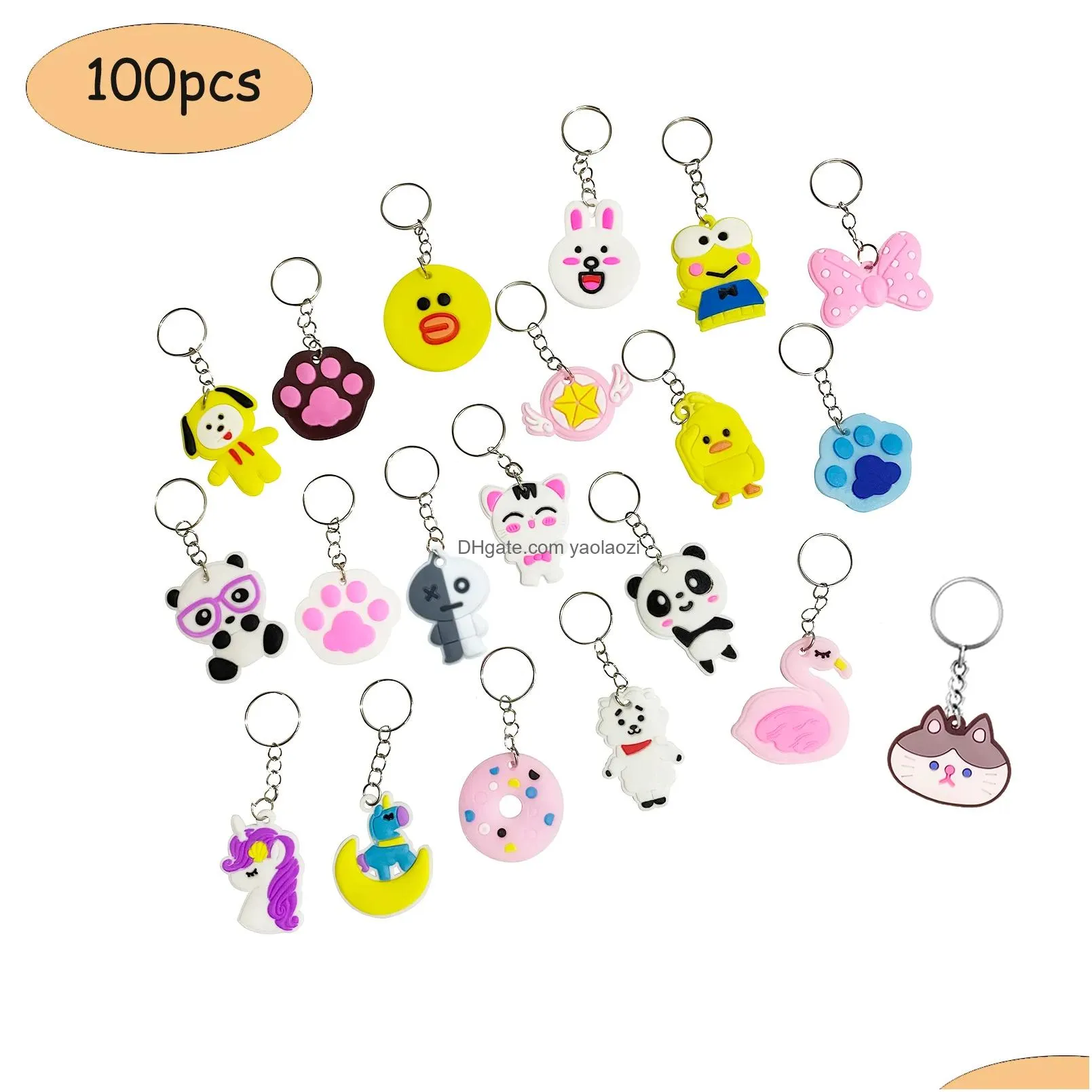 100 pcs cartoon anime keychain party favor cute keyrings whole pvc colorful pendants gift key ring holiday charms sets school 3926028