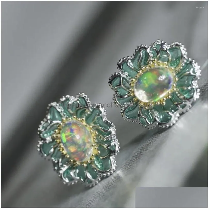 stud earrings imitation color opal enamel drop glue flower little  green advanced sense temperament design jewelry gift