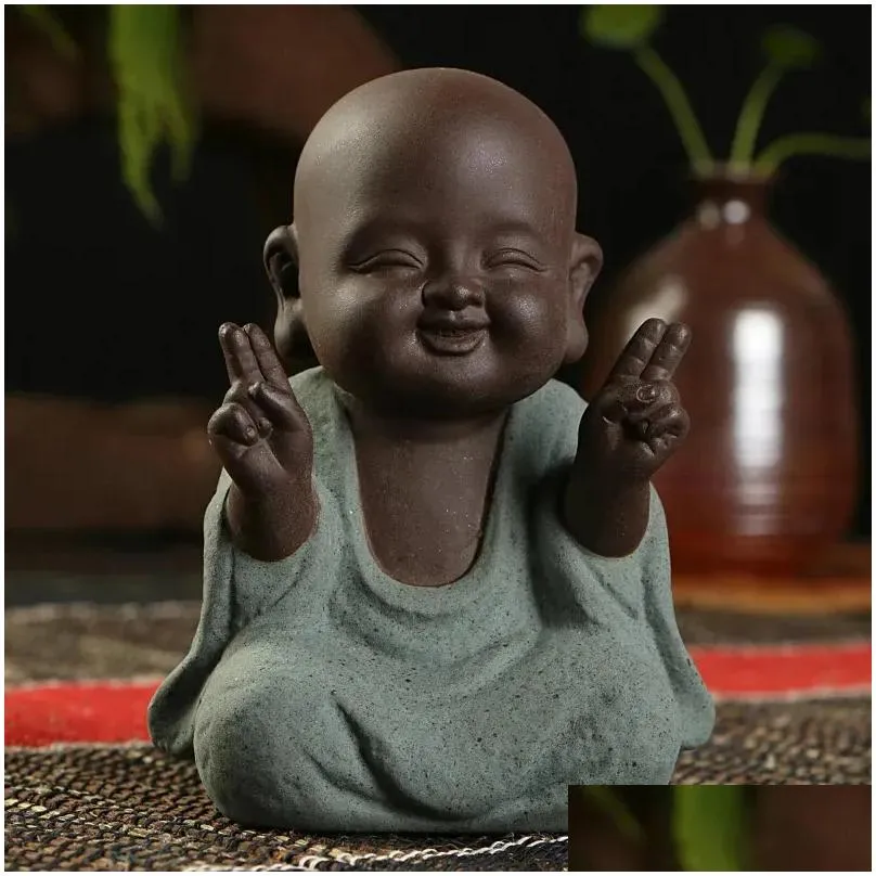 Tea Pets Buddha Statues Small Monk Color Sand Ceramic Home Club Geomantic Decoration Purple Figurines Pet 231216 Drop Delivery Dhyj1