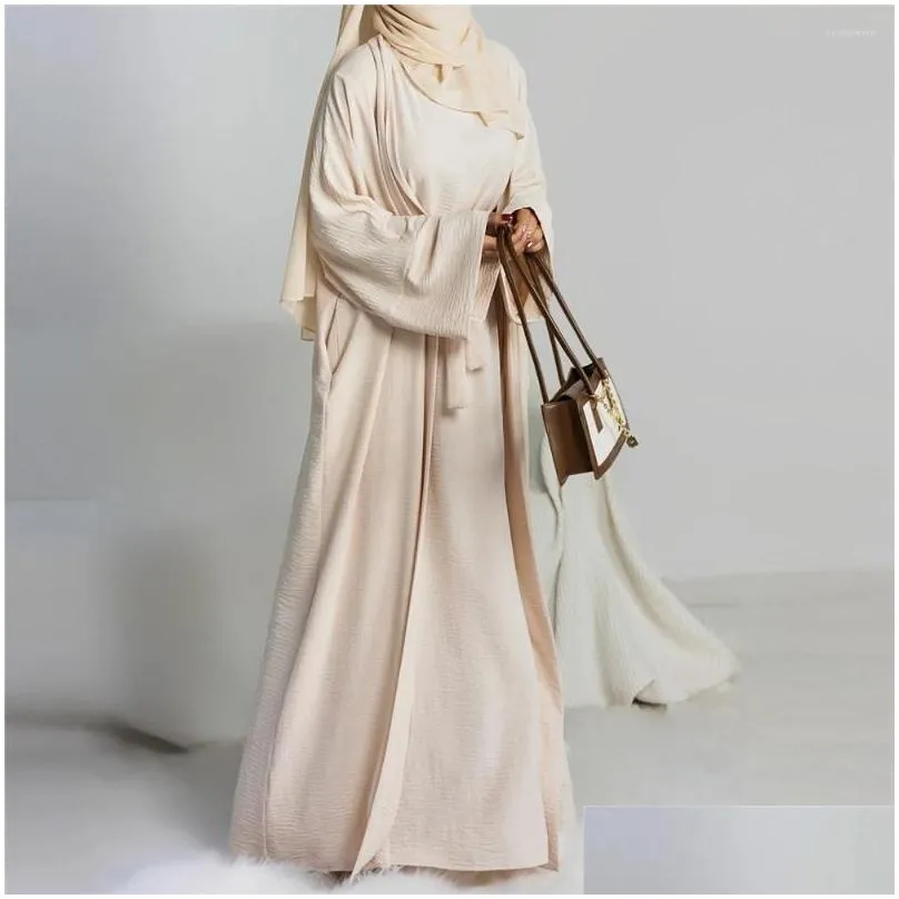 Ethnic Clothing Morocco Caftan Muslim Abaya Women Sleeveless Dress Set 2 Piece Gown Dubai Kimono Cardigan Robe Abayas Eid Ramadan Dro Dhn03