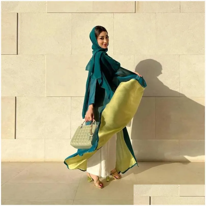 Ethnic Clothing Fashion Dubai Chiffon Contrast Color Open Abaya For Female Kuwaiti Arab Comfortable Casual Marocain Islamic Drop Deli Dh5Js