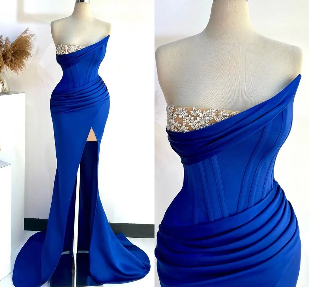 Elegant Royal Blue Mermaid Prom Dresses Strapless Beaded Crystals Backless Formal Wear Evening Party Birthdat Pageant Second Reception Special Occasion Gowns