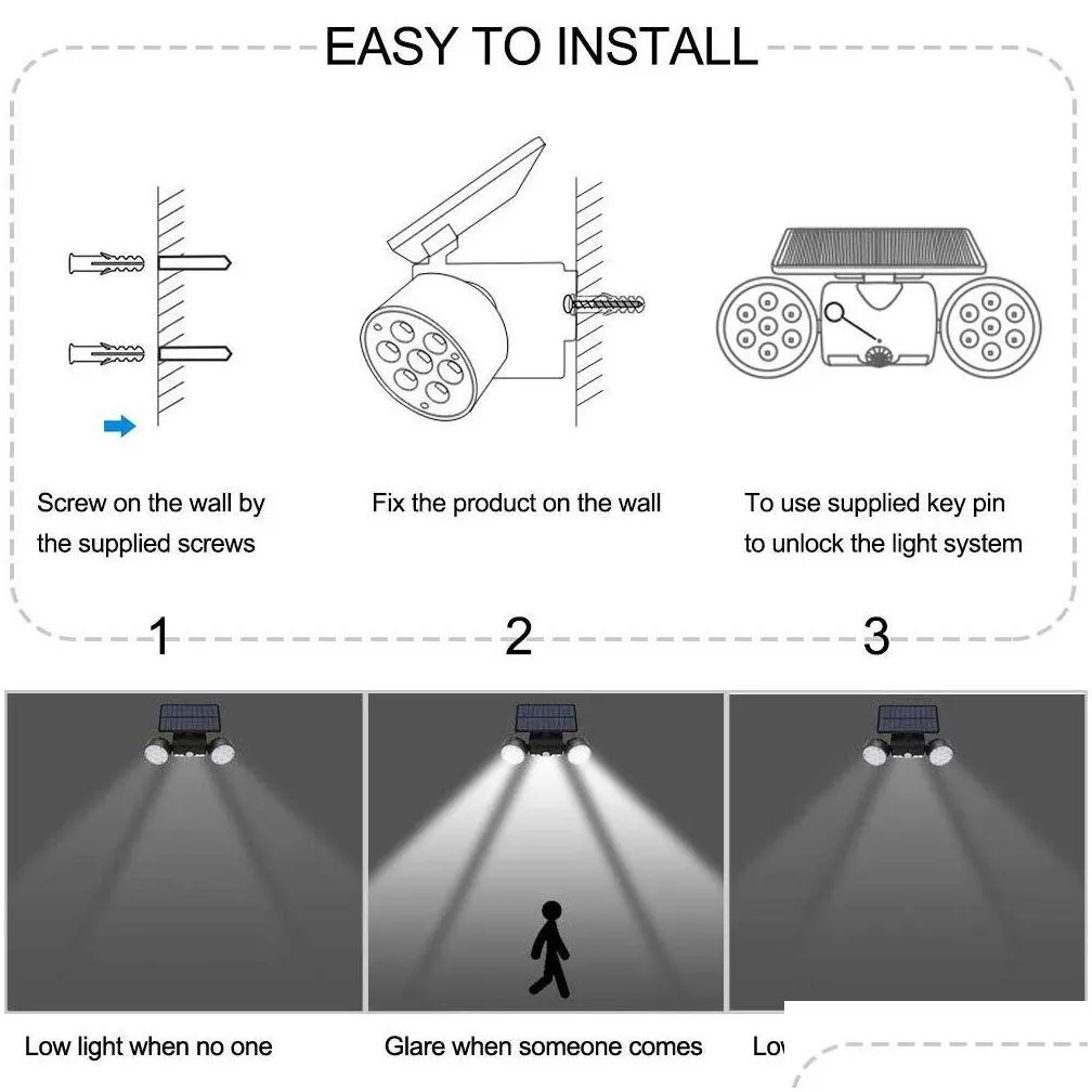 Other Led Lighting Brelong 1 Pc Solar Spotlight New Outdoor Double Led Human Induction Light Courtyard Garden Aisle Villa Wall Drop De Dh2Yt