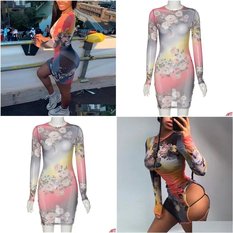 Basic & Casual Dresses Women Long Sleeve Party Clubwear Dresses Fashion Summer Vintage Floral Print Bodycon Y See Through Mesh Mini D Dhtkq