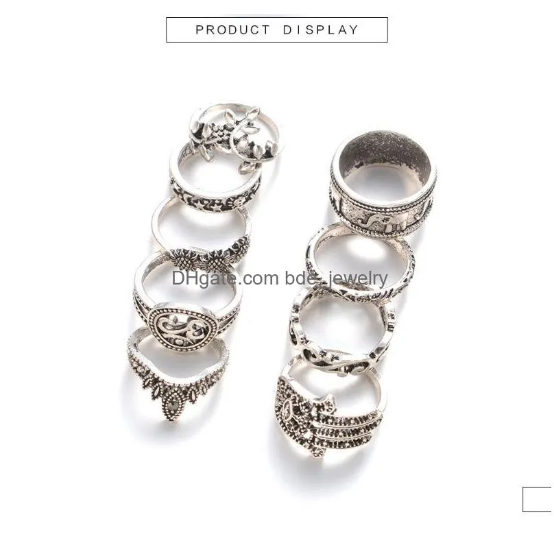 fashion women bohemia rings retro totem elephant palm crown knuckle ring 9 pcs in one set