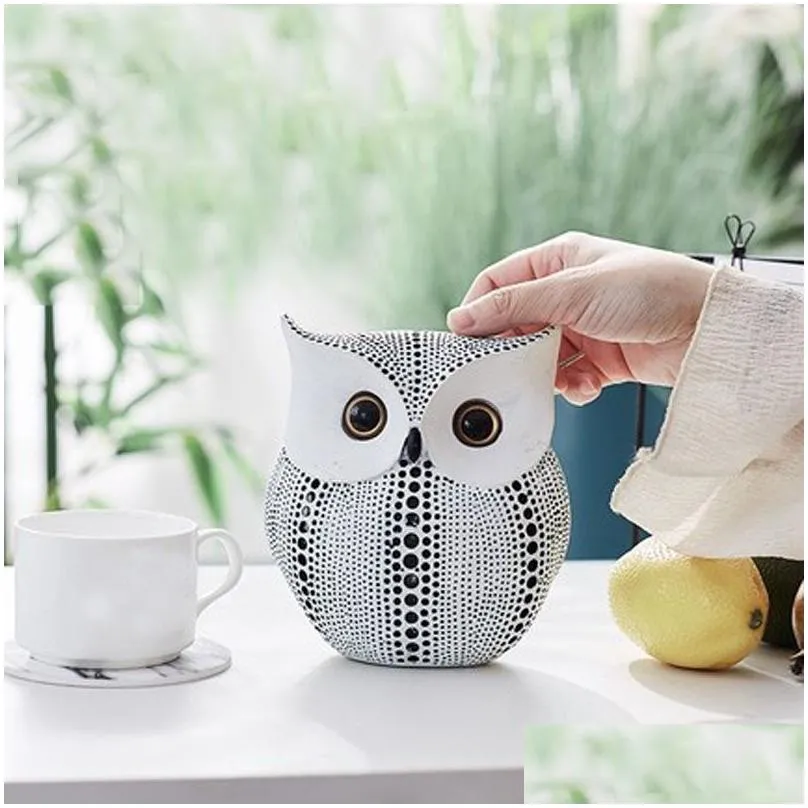 Other Home Decor Nordic Style Minimalist Craft White Black Owls Animal Figurines Resin Miniatures Home Decoration Living Room Ornament Dhg6T