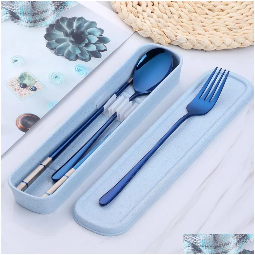 Dinnerware Sets 304 Stainless Steel Cutlery Set Chopsticks Spoon Fork Tableware With Portable Gift Box Bag For Kids Adt School Travel Dhugs