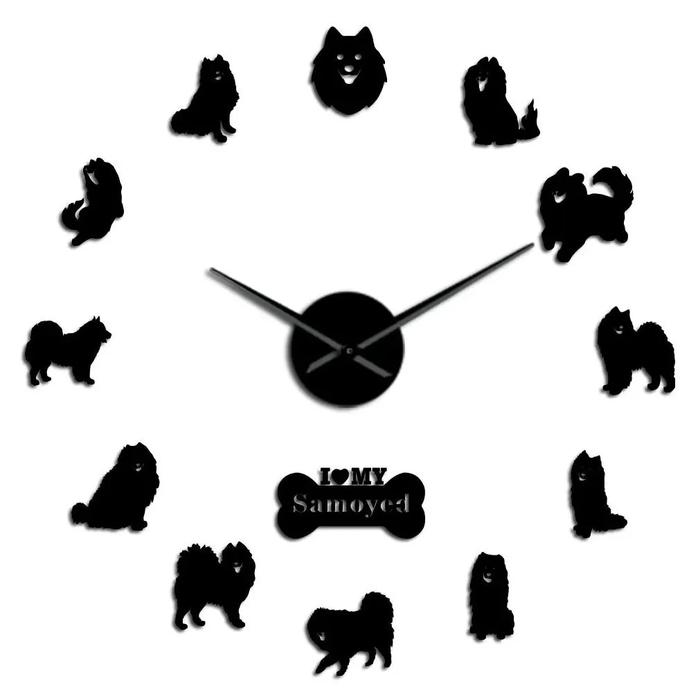 Wall Clocks Samoyed Dog Breed Portrait Diy Big Wall Clock Frameless Puppy Pet Acrylic Mirror Surface Sticker Mute Watch Home Drop Deli Dhlib