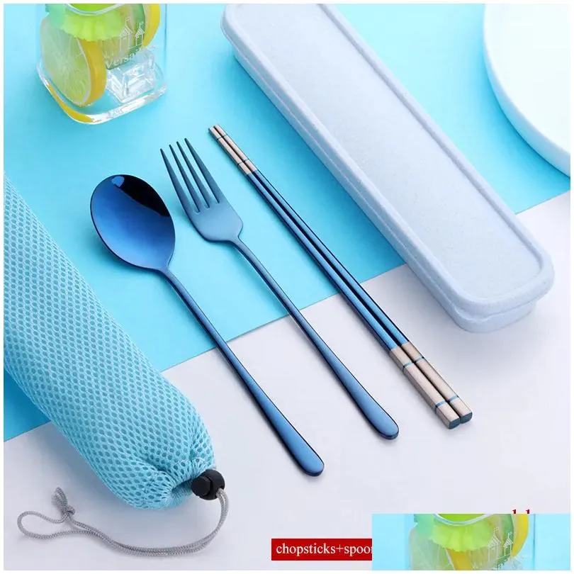 Dinnerware Sets 304 Stainless Steel Cutlery Set Chopsticks Spoon Fork Tableware With Portable Gift Box Bag For Kids Adt School Travel Dhugs