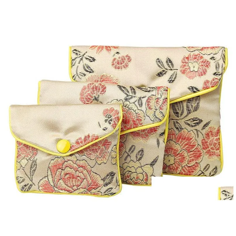 Jewelry Pouches, Bags 30Pcs Beige Floral Zipper Coin Purse Pouch Fashion Gift Bags For Jewelry Silk Bag Chinese Credit Card Holder Dro Dhf8Z