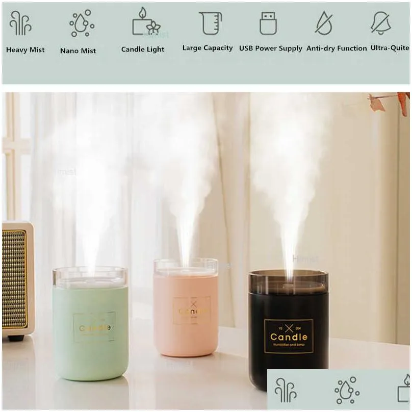 Essential Oils Diffusers 280Ml Trasonic Air Humidifier Candle Romantic Soft Light Usb Essential Oil Diffuser Car Purifier Aroma Anion Dhhtj