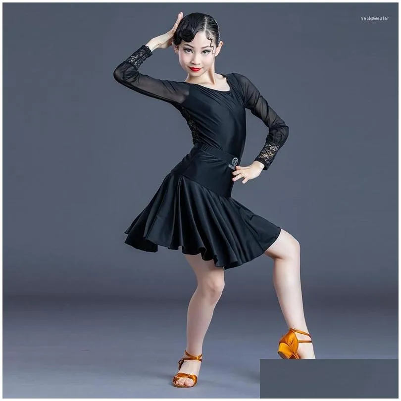 Stage Wear Latin Dance Dress For Girls Cha Performance Costume Long Sleeves Lace Kids Ballroom Dancing Clothes Black Red Dnv16734 Dro Dhy8I