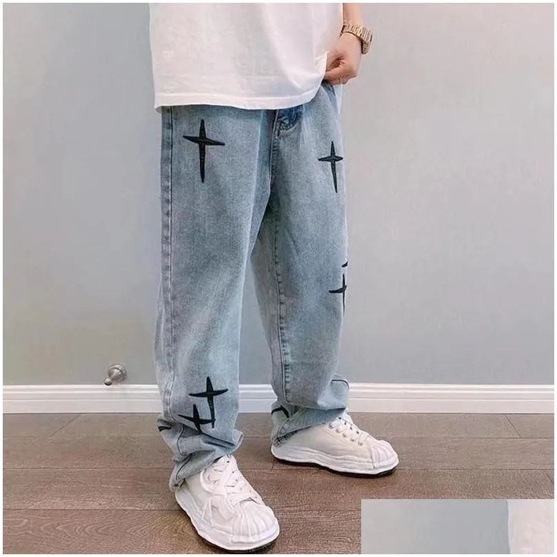 Men`S Jeans Cross Embroidery Retro Washed Men Baggy Jean Trousers Vibe Style Hip Hop Died Vintage Denim Pants Pantalons Capris Drop D Dhxki