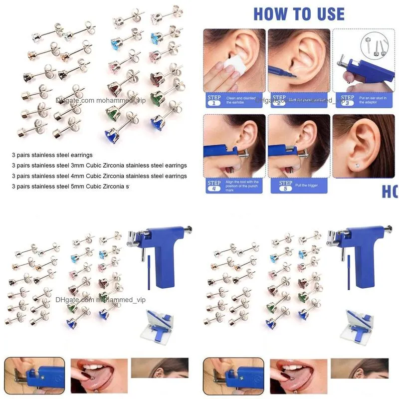 stud professional ear piercing gun tool set 12pairs earring cz multicolor nose navel safety pierce body