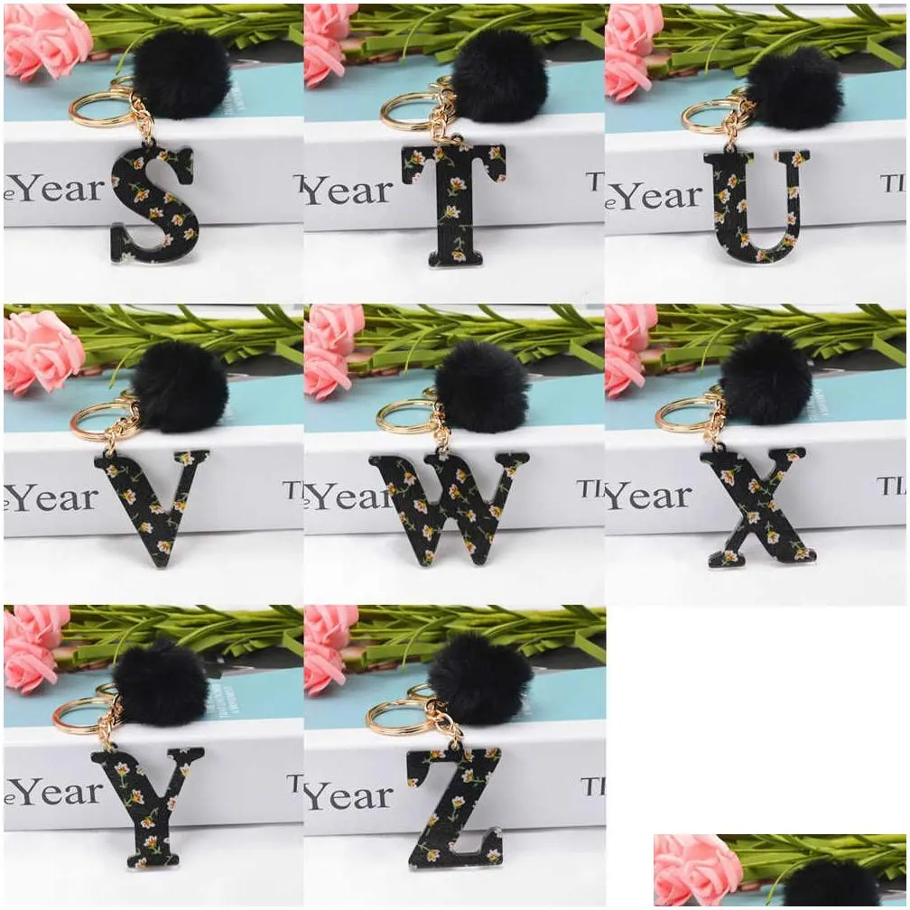 Car Key New A-Z Letters Keychian Acrylic Initials Key Ring With Black Fluffy Pompom Pendant For Women Girls Purse Handbags Accessories Dhwfu