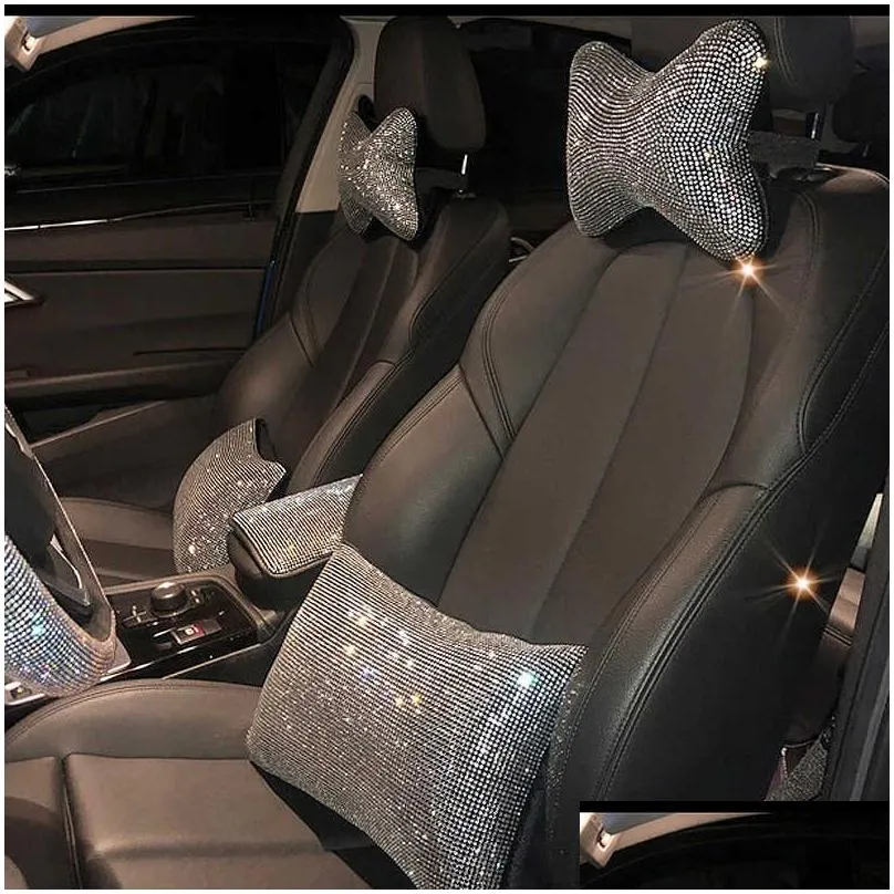 Seat Cushions New 1Pc Bling Rhinestone Crystal Car Neck Pillows Waist Support Diamond Headrest Pillow For Women Interior Accessories D Dhr0C