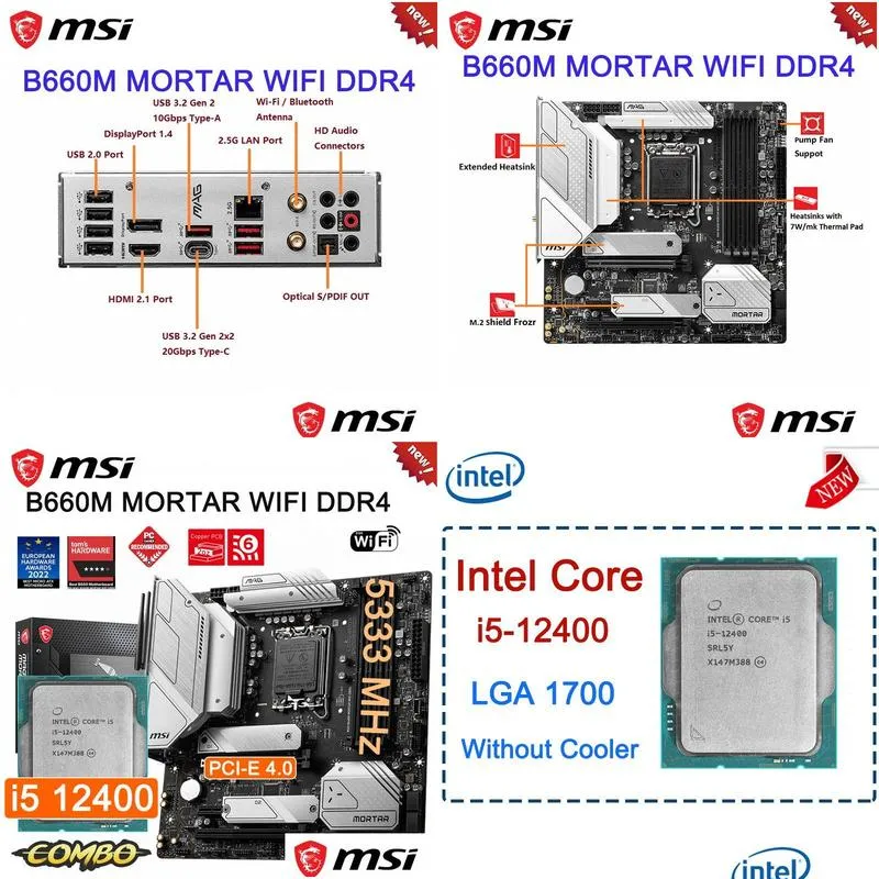 Monitors Msi Mag B660M Mortar Wifi Ddr4 Motherboard Intel Core I5 12400 Cpu Kit Lga 1700 Pci-E 4.0 M.2 D4 128Gb 533Hz Mainboard New Dr Dhkp0