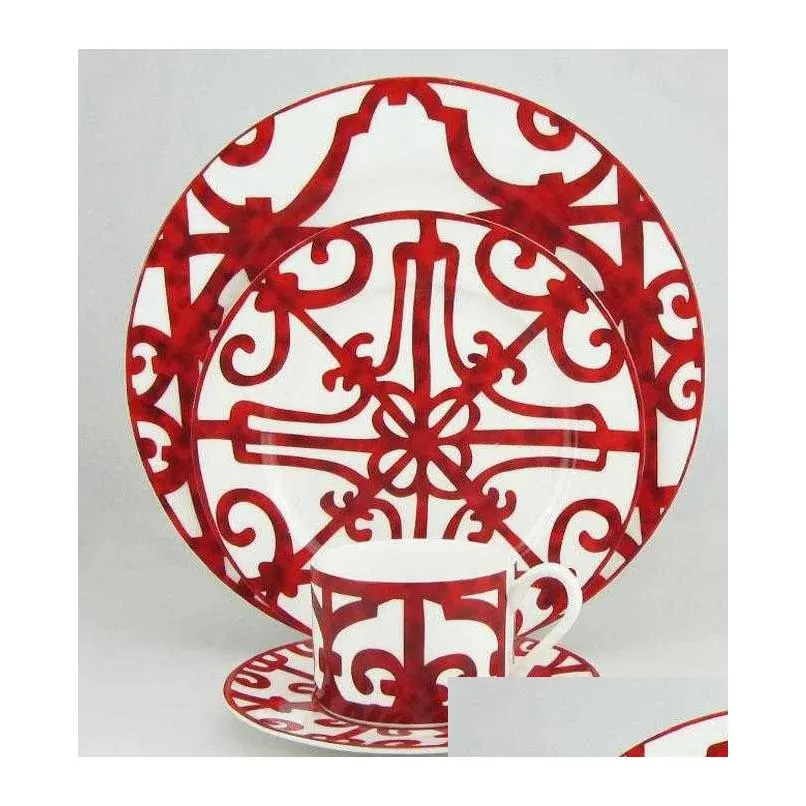 Dinnerware Sets Bone China Dinner Plate Spanish Red Grid Dish Art Design Dinnerware Sets 211012 Drop Delivery Home Garden Kitchen, Din Dh3R8