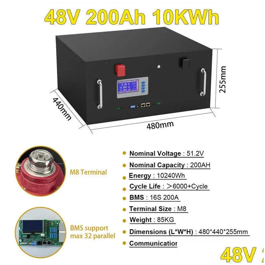 Batteries 48V Lifepo4 180Ah 200Ah 100Ah Battery Pack 51.2V 10Kwh 100% Capacity With Rs485 Can For Energy Storage Backup Drop Delivery Dhcn7
