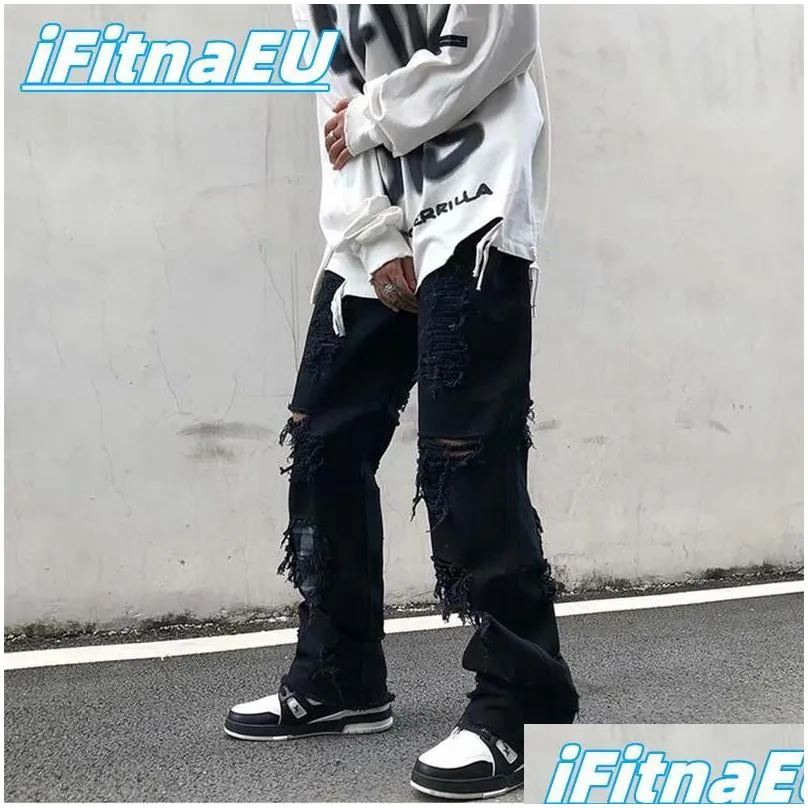 Men`S Jeans Ripped Jean Hip Hop Man Pants Trends Clothes Letter Y2K Print Mens Streetwear Womens Flare Goth Harajuku Baggy Trendyol D Dhavs