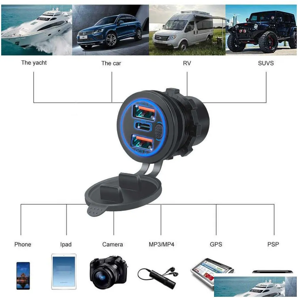 Car Cigarette Lighter New Car  68W Dual Qc 3.0 Usb Pd Type-C Triple Cigarette Lighter Socket 12-24V With Touch Switch For Boat Dhxyc