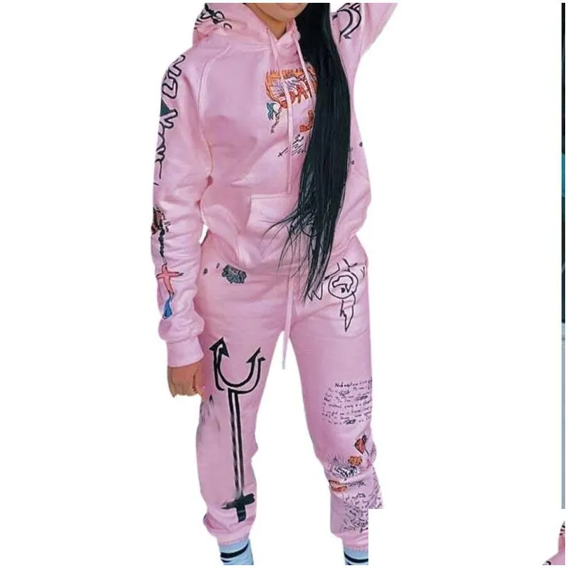 Women`S Tracksuits Print Iti Streetwear Two 2 Piece Set Tracksuits Female White Black Hoodies Pants Women Matching Outfits Sweatsuit Dhphk