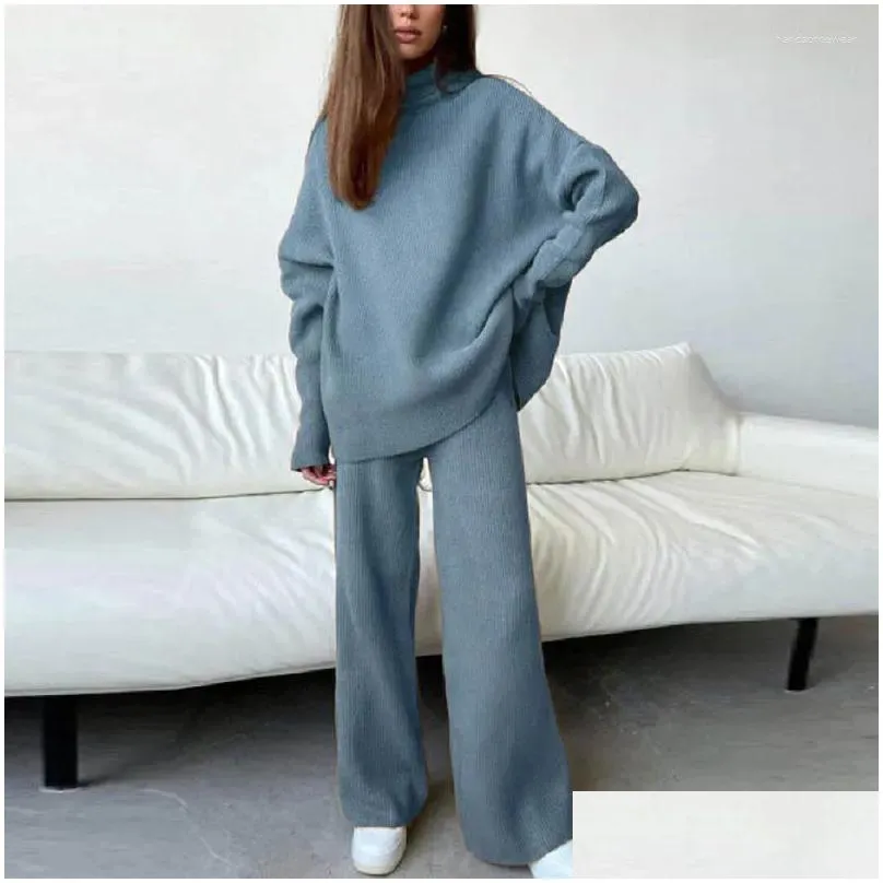 Women`S Two Piece Pants Womens Two Piece Pants Vintage Women Turtleneck Knitted Set Autumn Winter Long Sleeve Plover Top Wide Leg Out Dhsa0