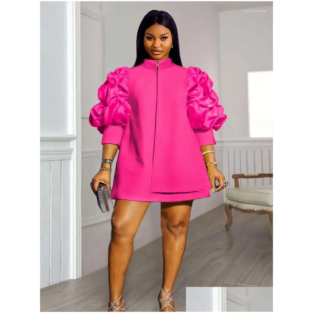 Plus Size Dresses 4Xl Mini Shift Dress Women High Neck Puff Sleeve Zipper Robes Vintage Party Club Events Wear Trendy Fall Winter Dro Dhntg