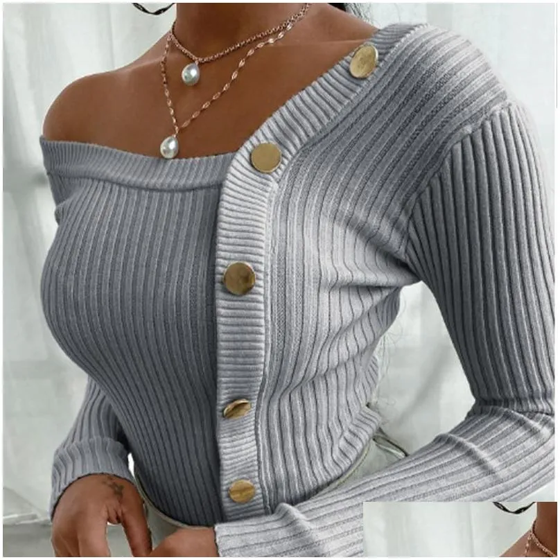 Women`S Sweaters Y Work Knitted Slim Skew-Collar Button Long Sleeve Female Sweater 2021 Autumn Fashion Lady Plover Drop Delivery Appa Dhhke