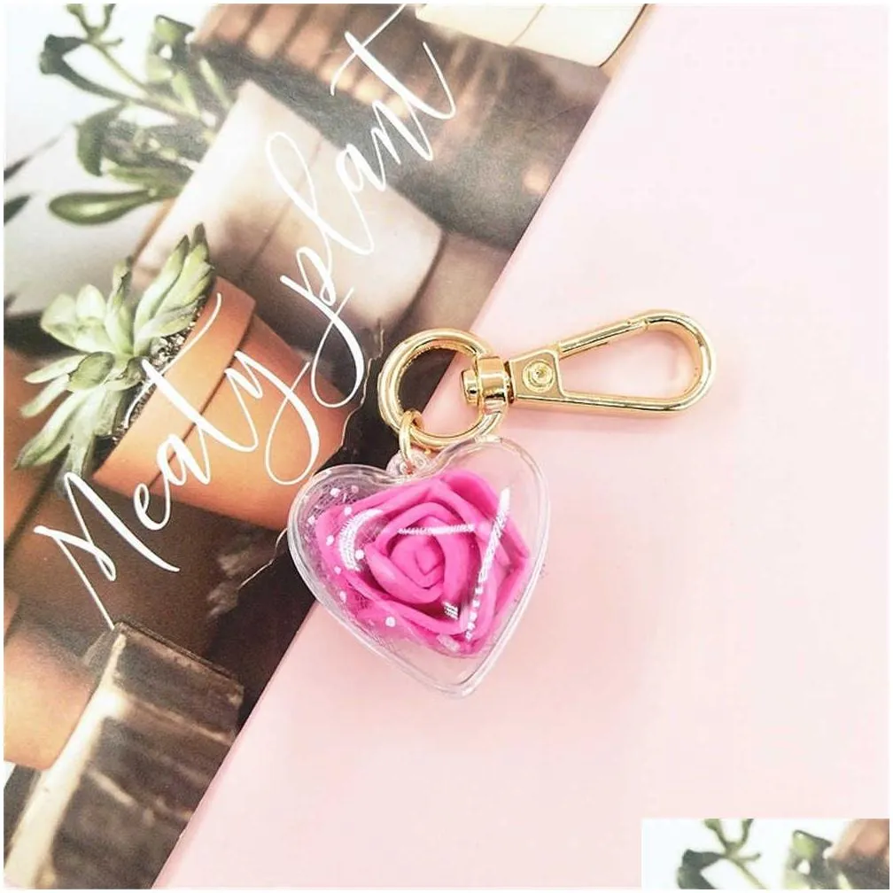 Car Key New Cute Rose Keychain Love Heart Pendant Eternal Flower Keyring For Women Bag Ornaments Car Keys Accessories Couple Drop Deli Dhmn5