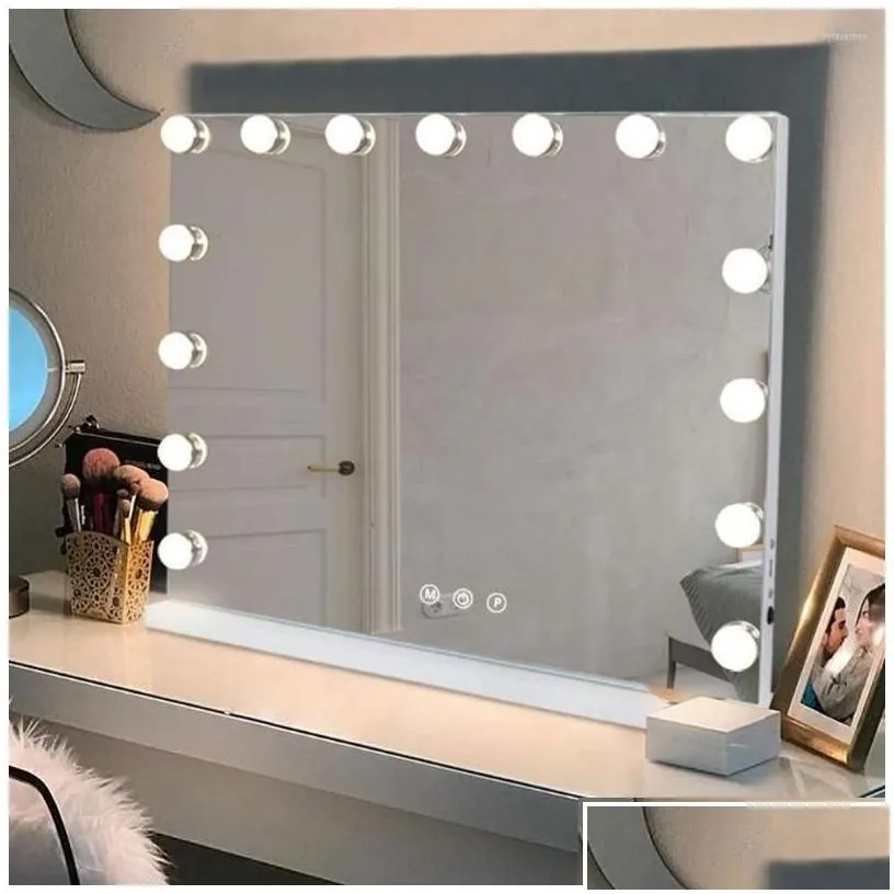 Compact Mirrors Large Vanity Makeup Mirror With Lights  Lighted 15 Pcs Dimmable Led Bbs For Dressing Room Tabletop Drop Del Dhscd