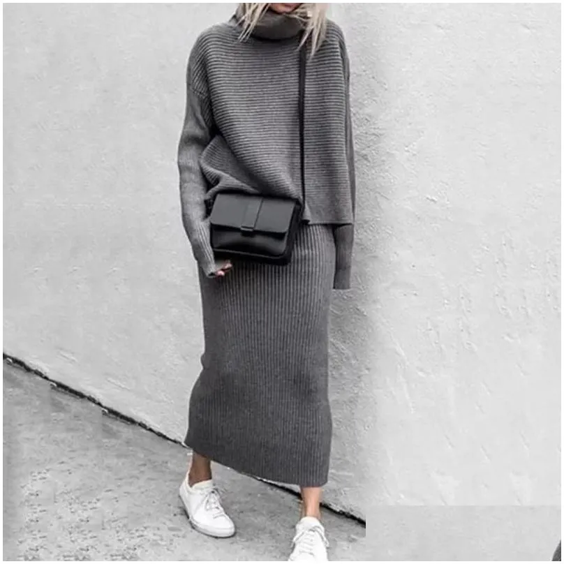 Two Piece Dress Fashion Women Slim Sweater Skirt Pieces Set Loose High Collar Casual Autumn Femme Knitted Blouse Suit Plover Drop Del Dhora