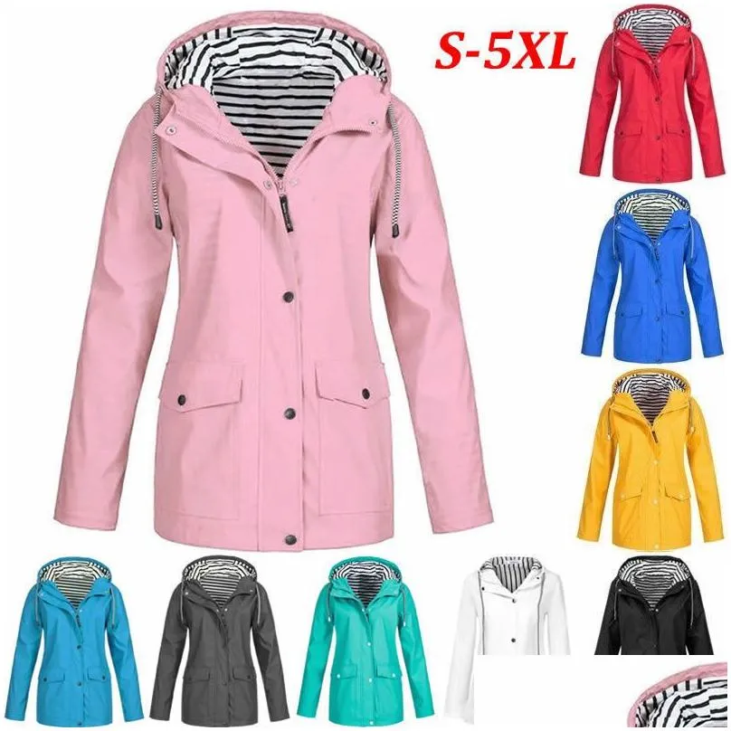 Women`S Jackets Fashion Windproof Raincoats Women Long Sleeve Hooded Solid Rain Jackets Outdoor Waterproof Raincoat For Ladies Drop De Dhkaj