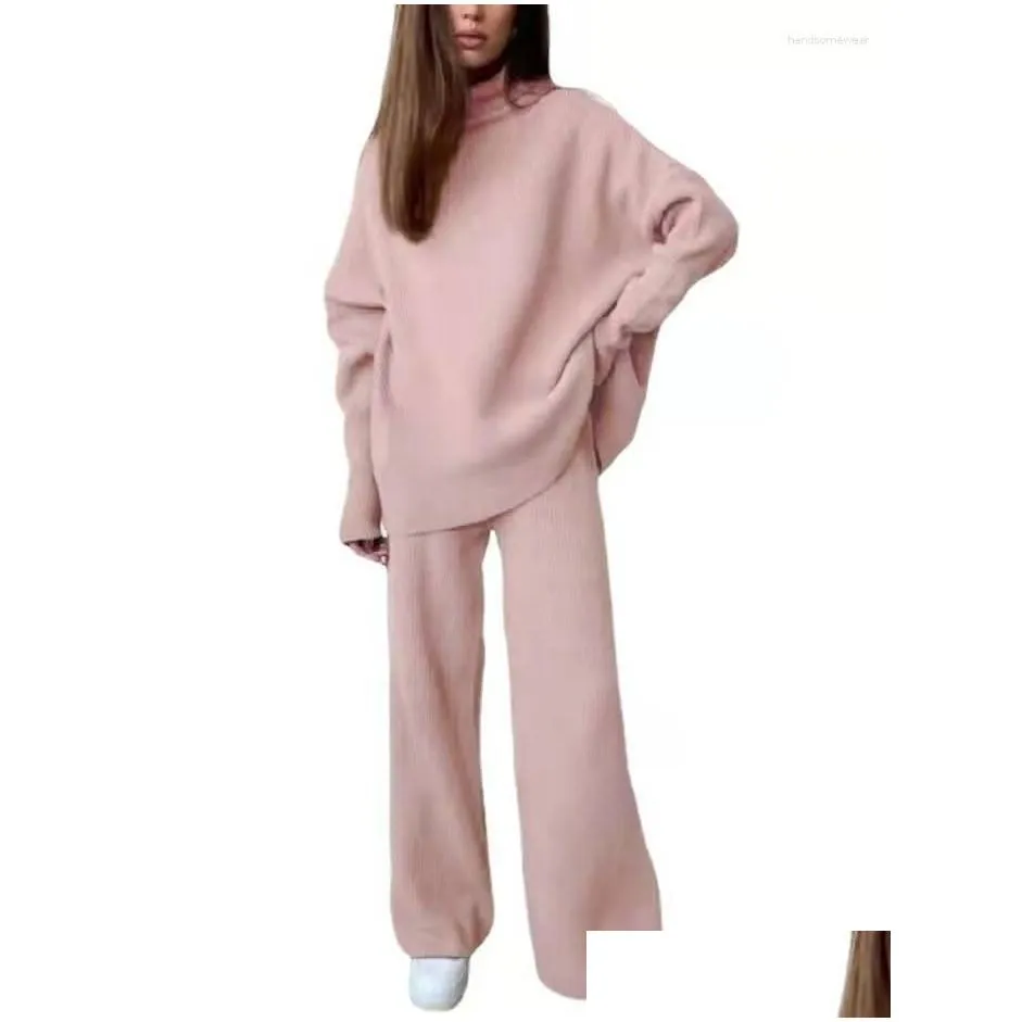 Women`S Two Piece Pants Womens Two Piece Pants Vintage Women Turtleneck Knitted Set Autumn Winter Long Sleeve Plover Top Wide Leg Out Dhsa0