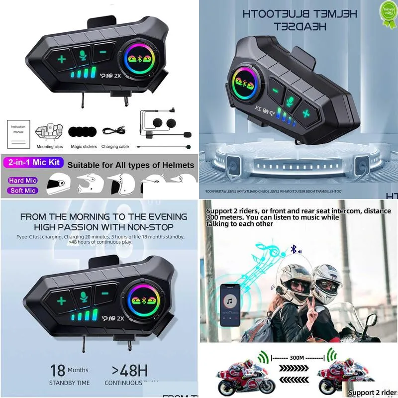 Car Other Auto Electronics New Kebidumei Yp10 2X Wireless Bluetooth5.3 Motorcycle Helmet Intercom Headset Waterproof 300 M Intercomuni Dhmjc