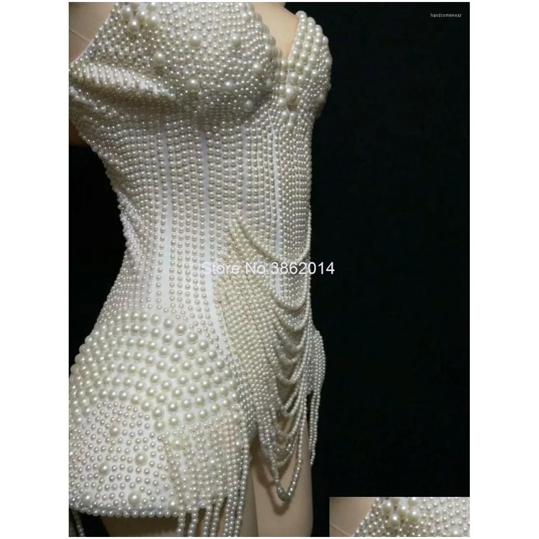 Stage Wear White Pearls Beading Bodysuit Jazz Dance Costume Evening Nightclub Bar Show Prom Birthday Outfit Women Clothes Drop Delive Dhfco