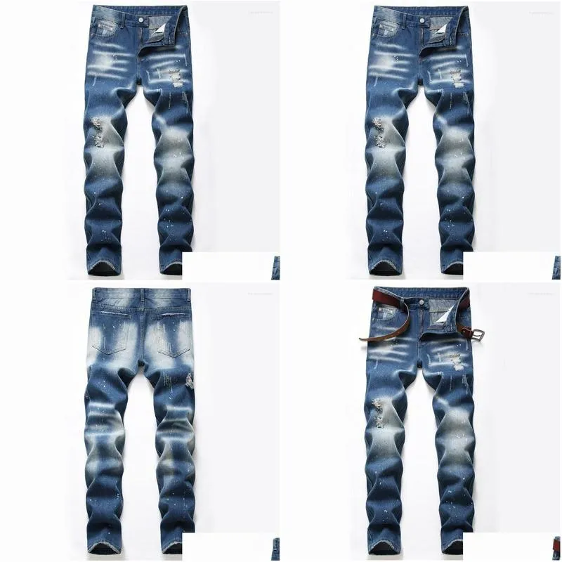 Men`S Jeans Men Slim Fit Jeans Spring Autumn Retro Blue Fashion Splash Ink Desinger Mens Casual Denim Pants For Male Vaqueros Hombre Dhnfh