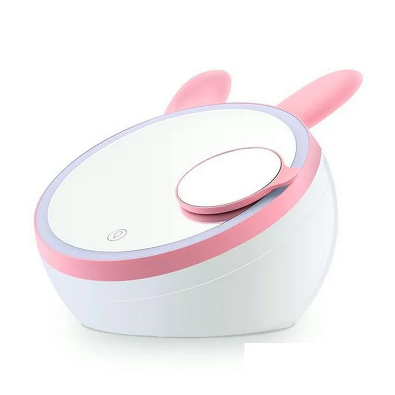 Compact Mirrors Adorable Rabbit Fox Makeup Mirror Lamp Make Up Mirroraddled Touch Lampaddstorable Base Plate Mti-Function Usb Recharge Dhl0S