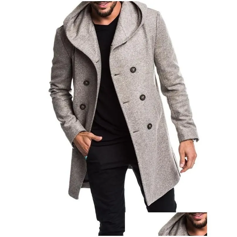 Men`S Trench Coats Autumn Winter Men Coats Long Woolen Trench Fashion Brand Casual Button Pockets Hooded Overcoats Drop Delivery Appar Dhyzb