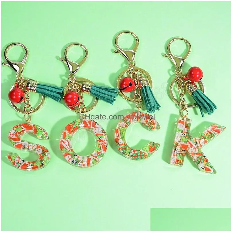 fashion letter key chain with tassel christmas bells colorful 26 english letter initial resin handbag keyring accessory for women