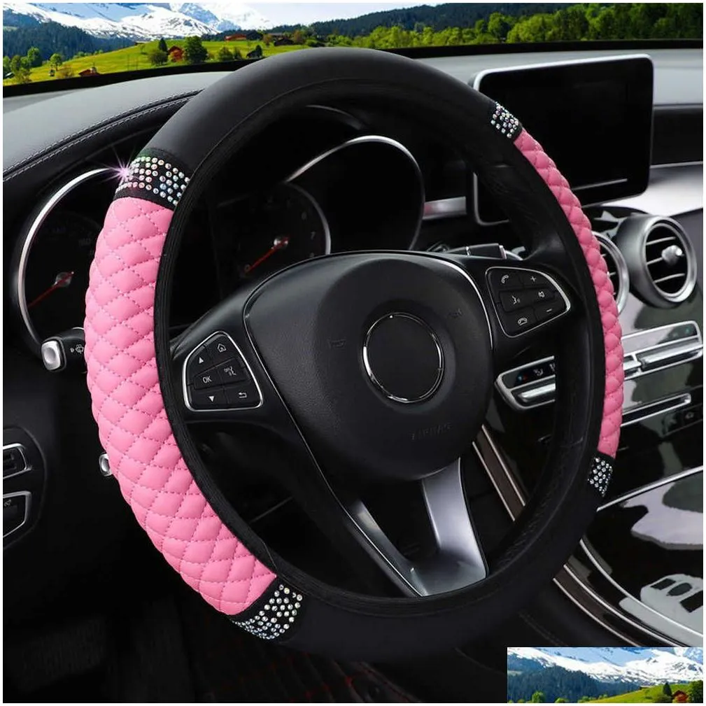 Other Interior Accessories New Four Seasons Car Steering Wheel Er 37-38Cm Leather Embroidered Color Diamond-Studded Elastic Drop Deliv Dhd1H