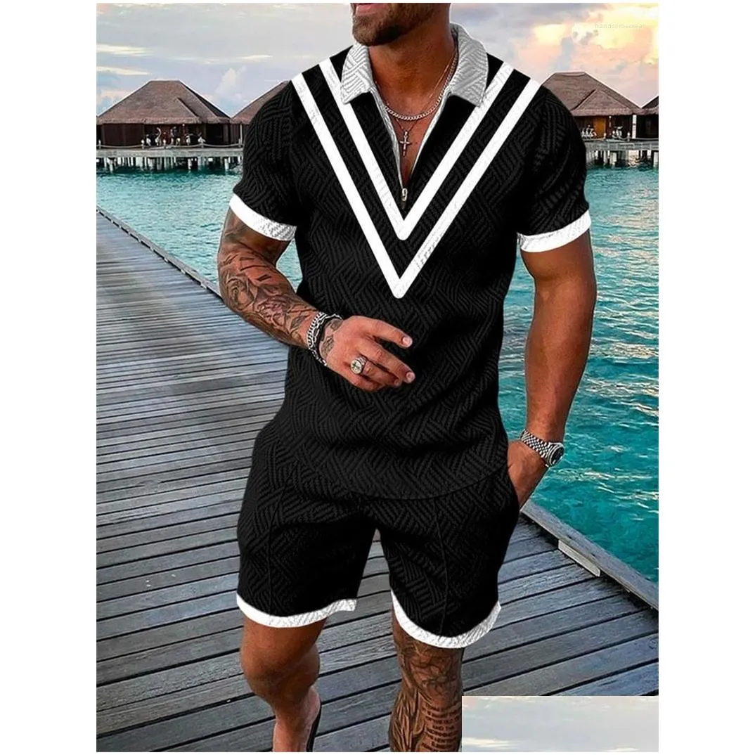 Men`S Tracksuits Summer Mens Short Sleeve Tracksuits Fashion Youth Student Digital Printed Zipper Shirt T-Shirt And Shorts Men Drop D Dhpze