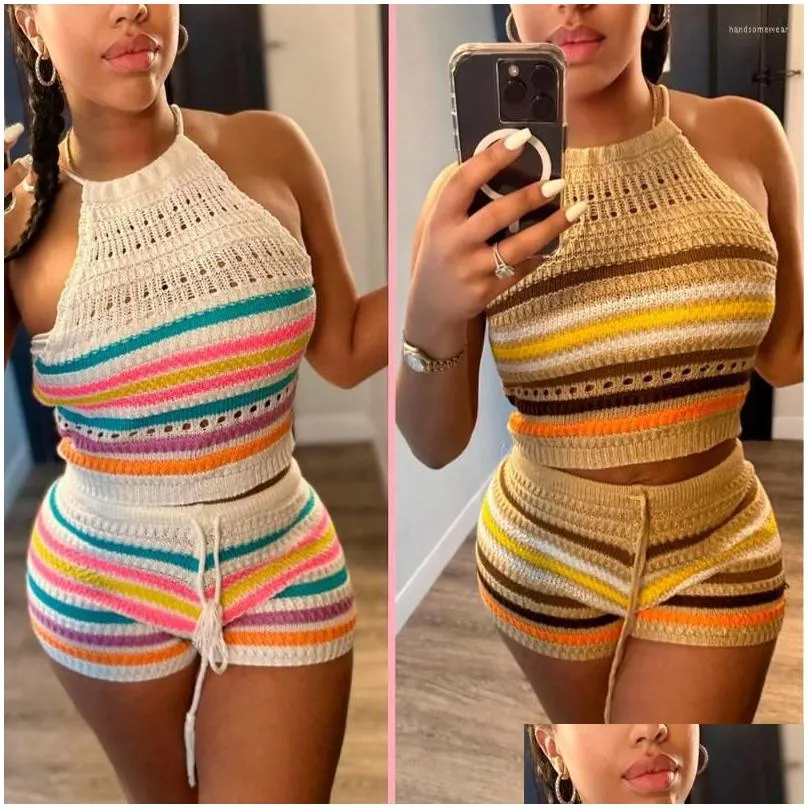 Women`S Tracksuits Summer Rainbow Knitted Crop Top 2 Piece Short Pant Suits Sets Womens Outfits Clothes Cloghet Backless Two Set Y Cl Dhoyl
