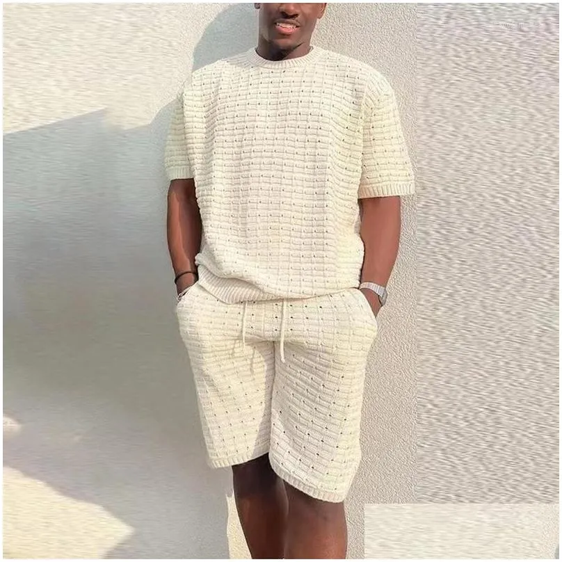 Men`S Tracksuits Spring Autumn Men Knit Short Sleeve T Shirt Shorts Suit Solid Color Casual Two-Piece Set Sport Vacation Trend Clothi Dhgl4