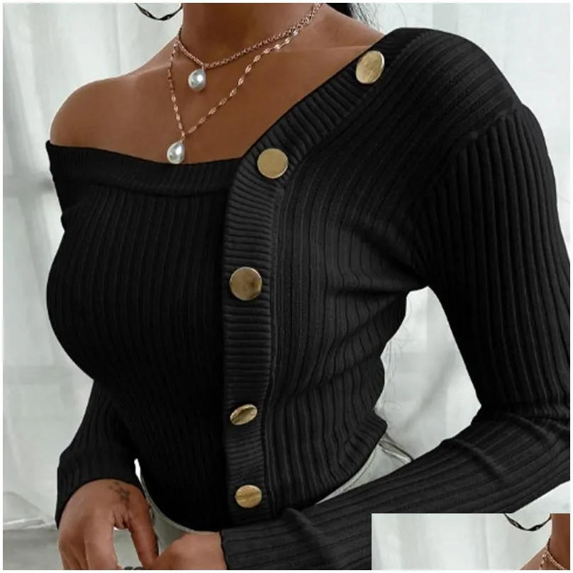 Women`S Sweaters Y Work Knitted Slim Skew-Collar Button Long Sleeve Female Sweater 2021 Autumn Fashion Lady Plover Drop Delivery Appa Dhhke